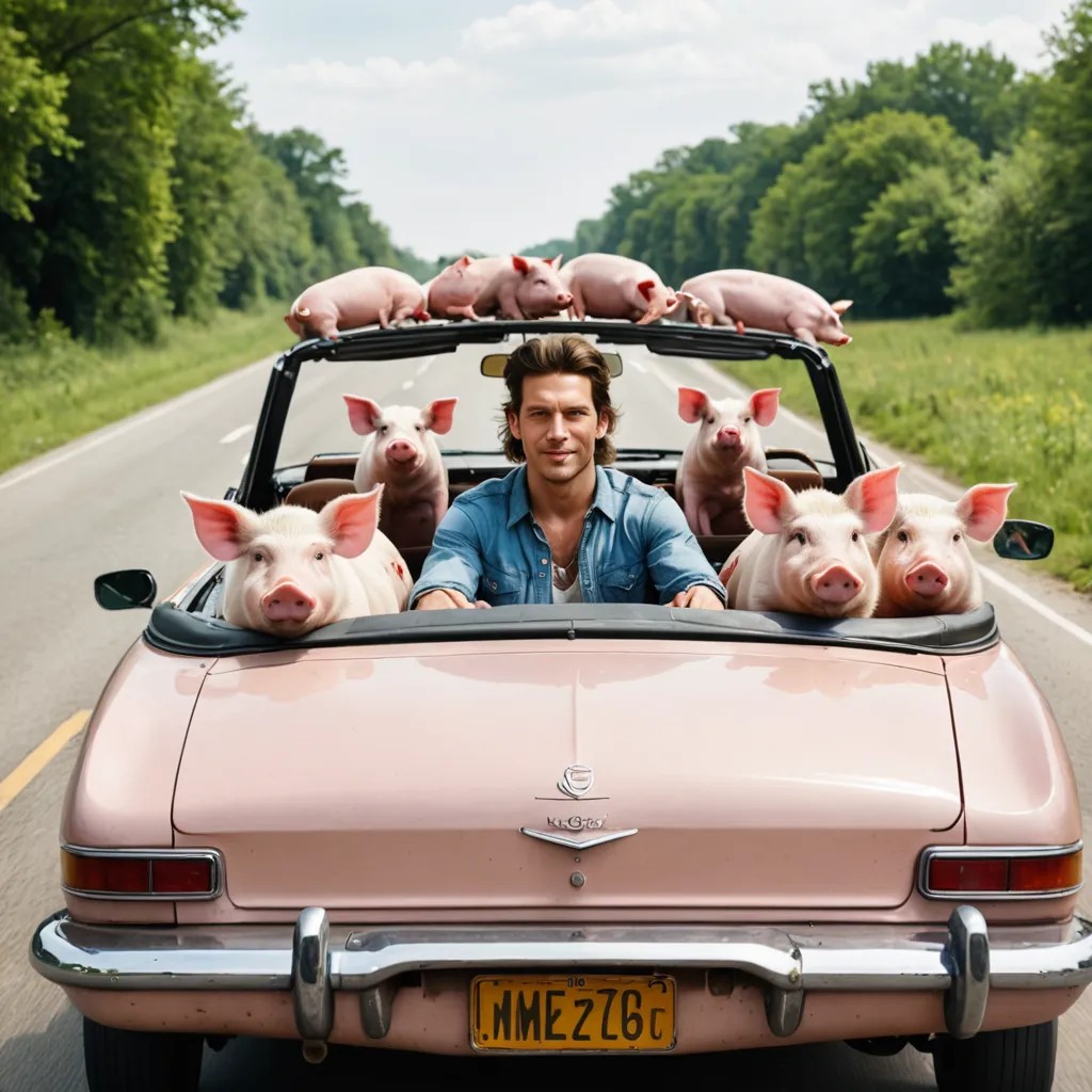 Hippie Driving a Convertible with a Carload of Pigs Photo Style