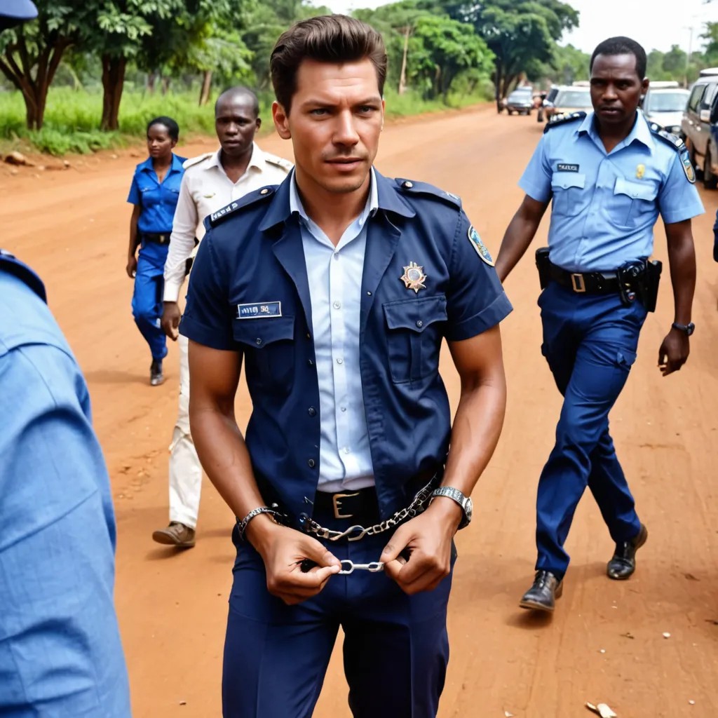 I want to generate Malawi police arresting this man with handcuffs Photo Style