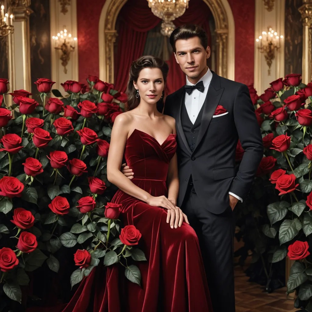 Lady with Long Red Velvet Dress Holding 101 Black Roses Photo Style