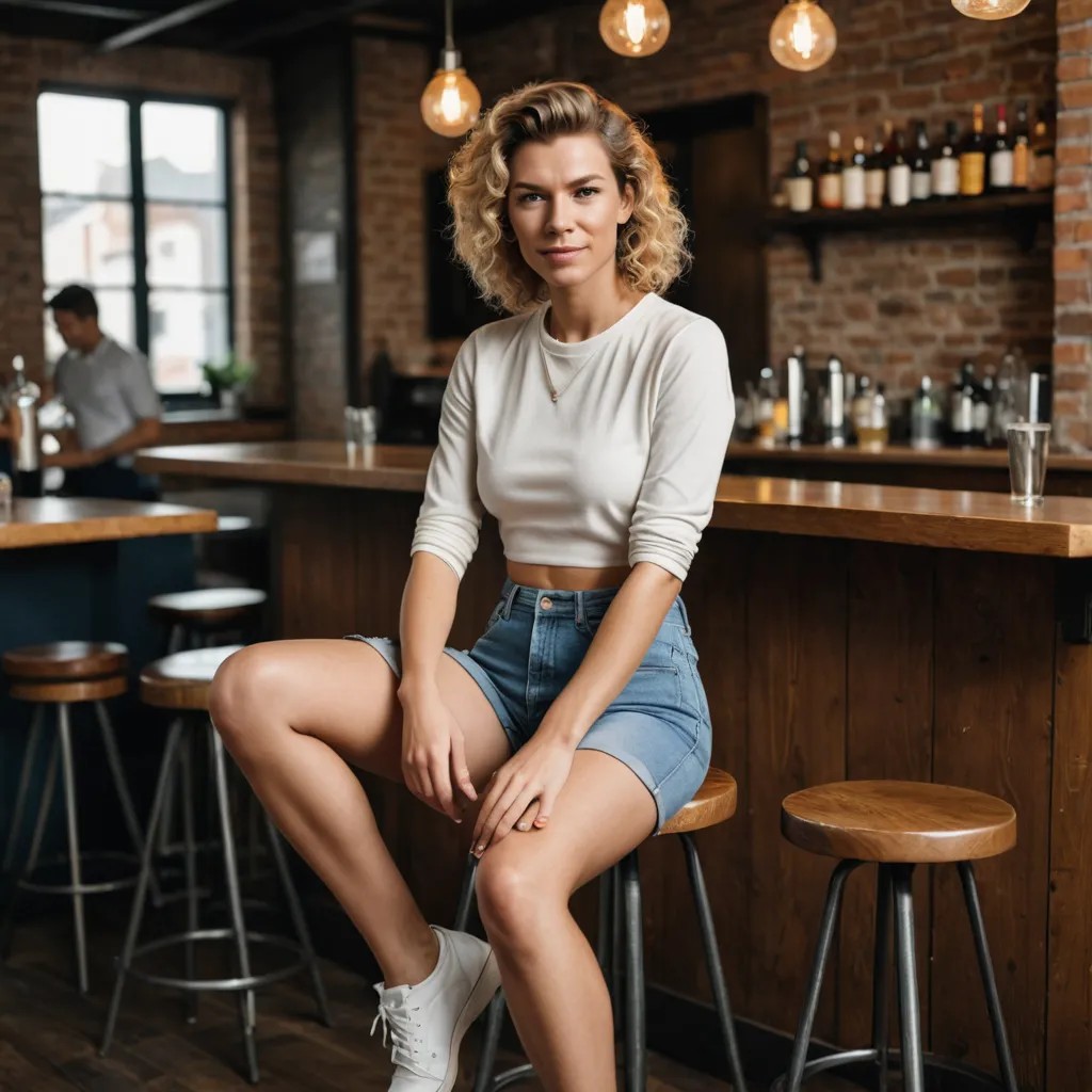 Short Curly Blonde Haired Female Sitting Cross Legged On A Bar Stool Photo Style
