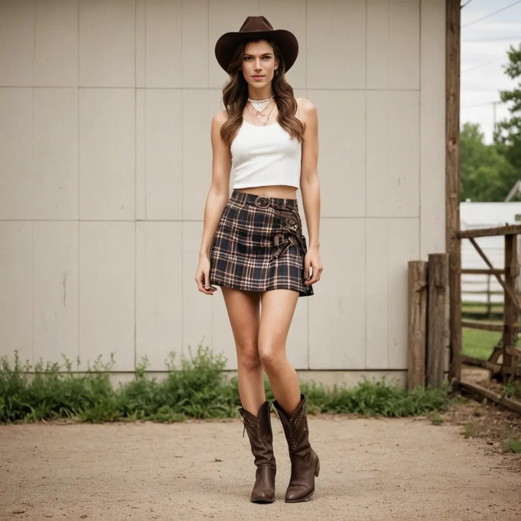 Short Plaid Skirt, Cowboy Boots Photo Style