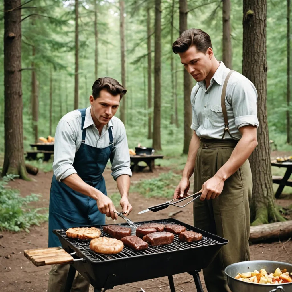 1945. Having an Outdoor BBQ in the Forest. Color. Photo Style