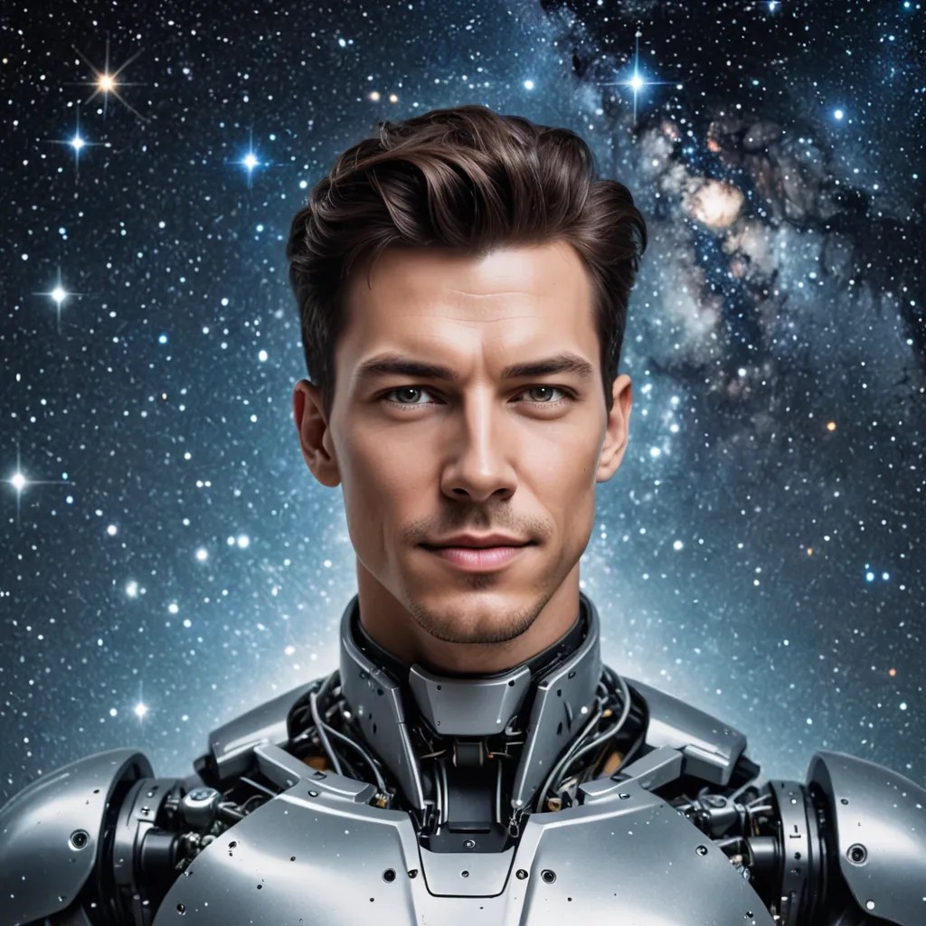 AI Robot with Galaxy Around Me with Bright Stars Photo Style