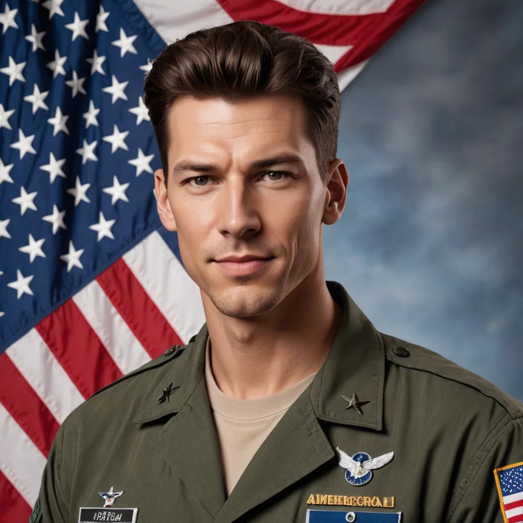 Convert to an official Air Force bio photo with an American flag in the background Photo Style