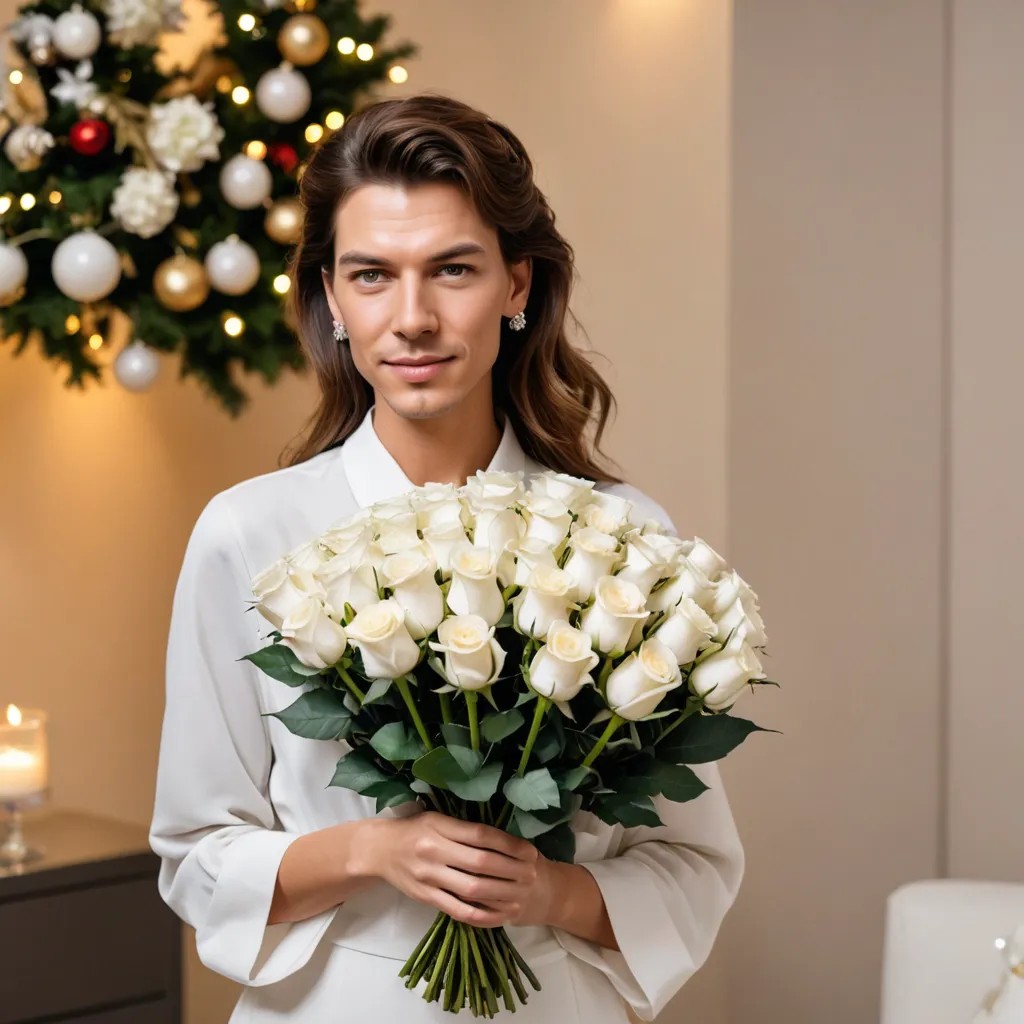 Girl Holding 100 White Roses in Dubai at the Christmas Party Photo Style