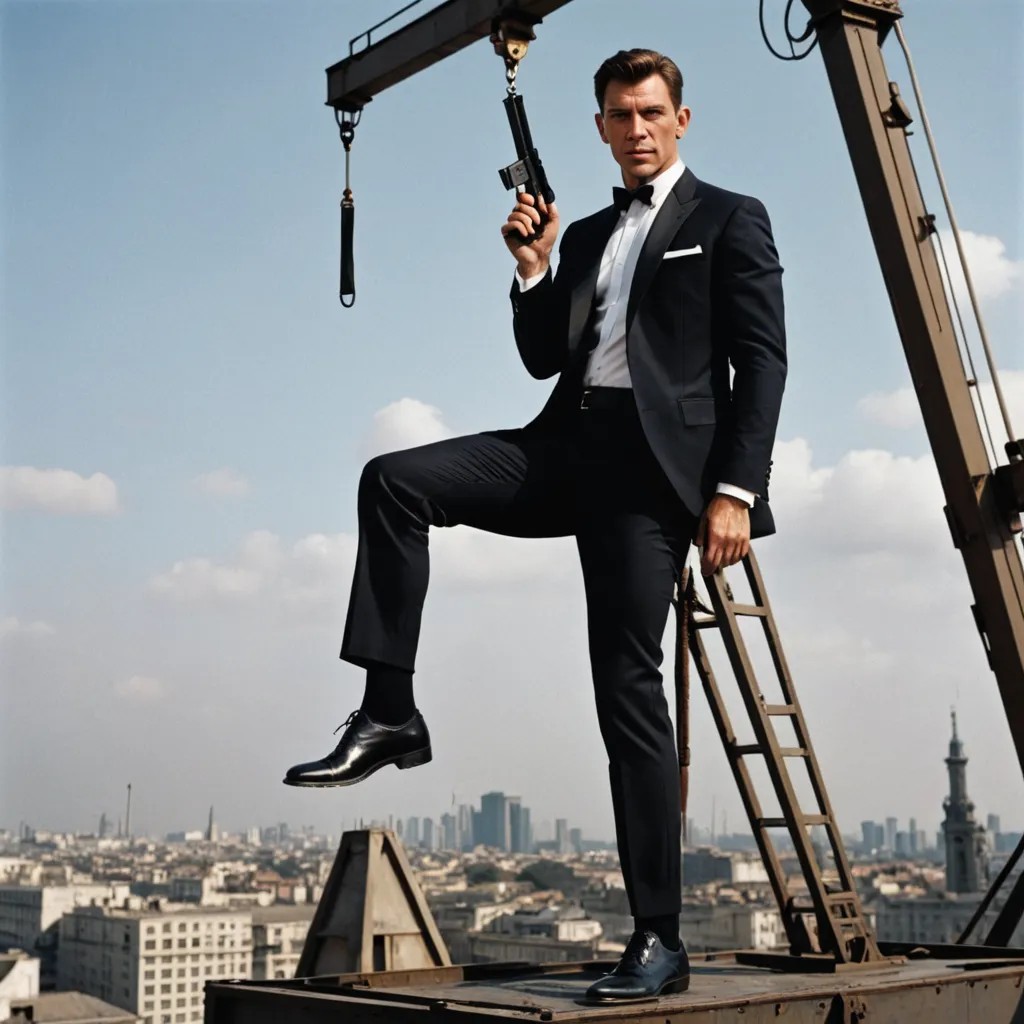 James Bond Standing on a Crane Holding a Gun Photo Style