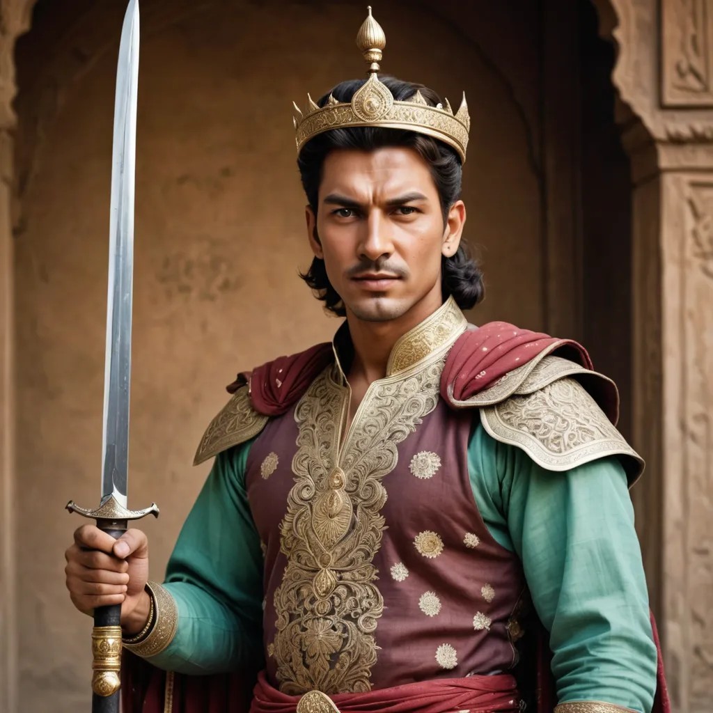 Old Warrior Mughal King Announcing War With Sword Pointed at You Photo Style