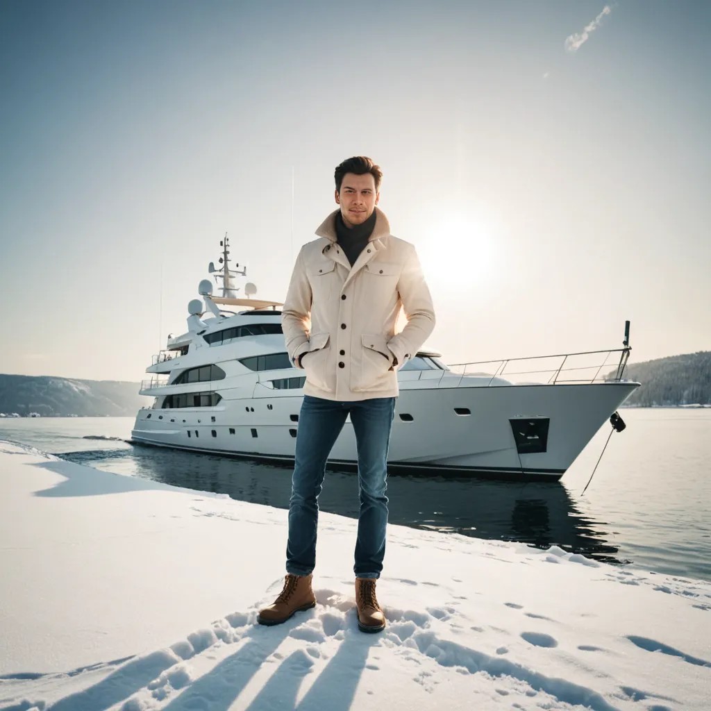 On White Yacht in Snowy Weather With Sun Photo Style