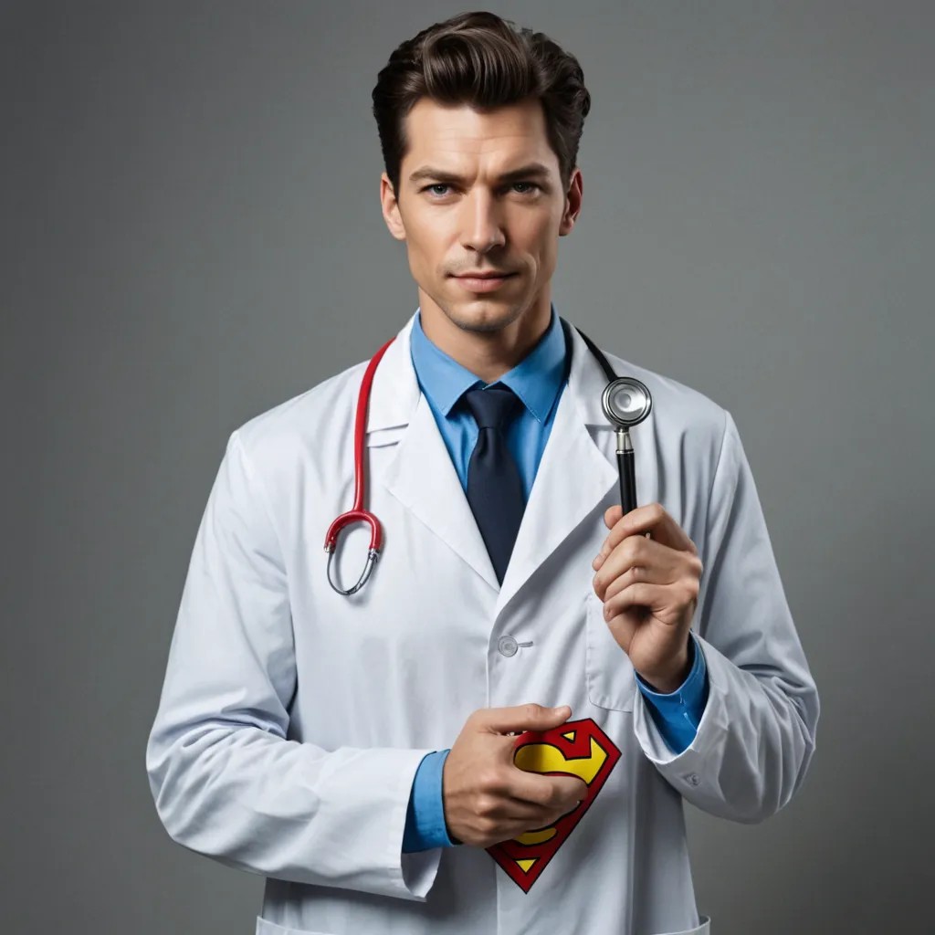 Superman Doctor with Stethoscope in One Hand and Syringe in Another Photo Style