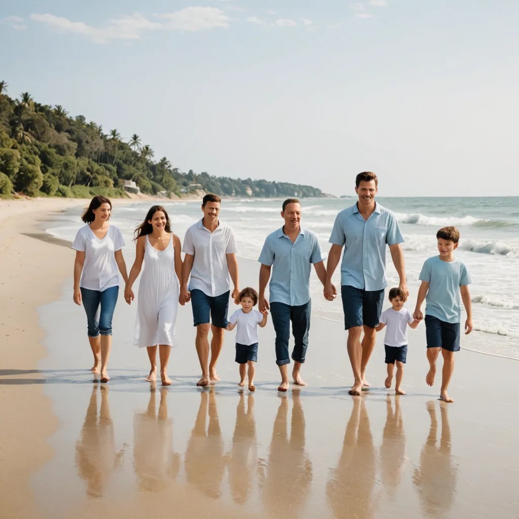 Walking on the Beach, with Their Large Family of Kids Photo Style