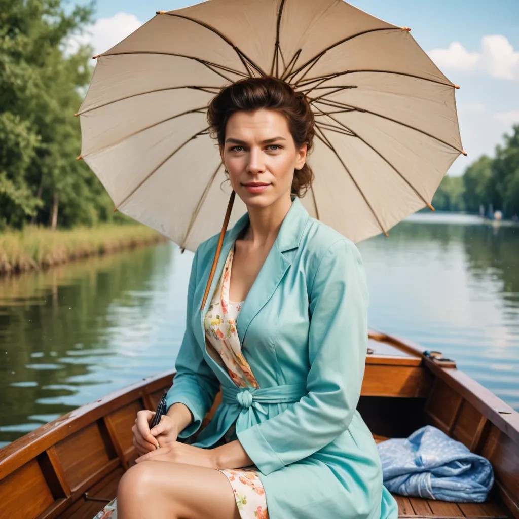 Woman on a Boat with an Umbrella in the Style of Impressionism Photo Style