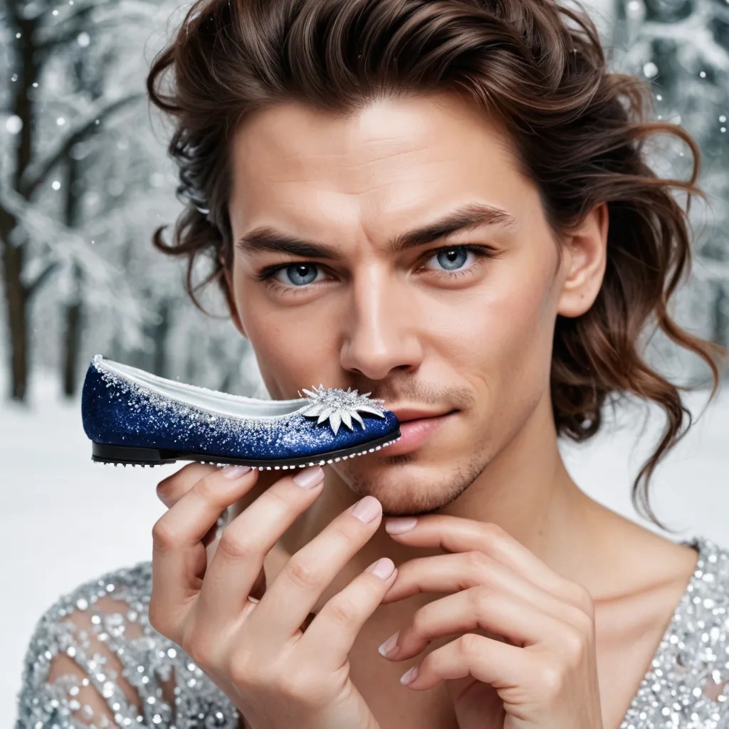 Lady Holding Shoe with a Frozen Eyelash in It Photo Style