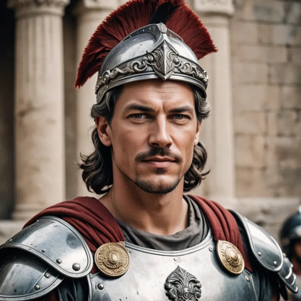 A Roman Centurion with Armor and Helmet. He has Gray Wavy Hair and Mustache and a Beard Photo Style