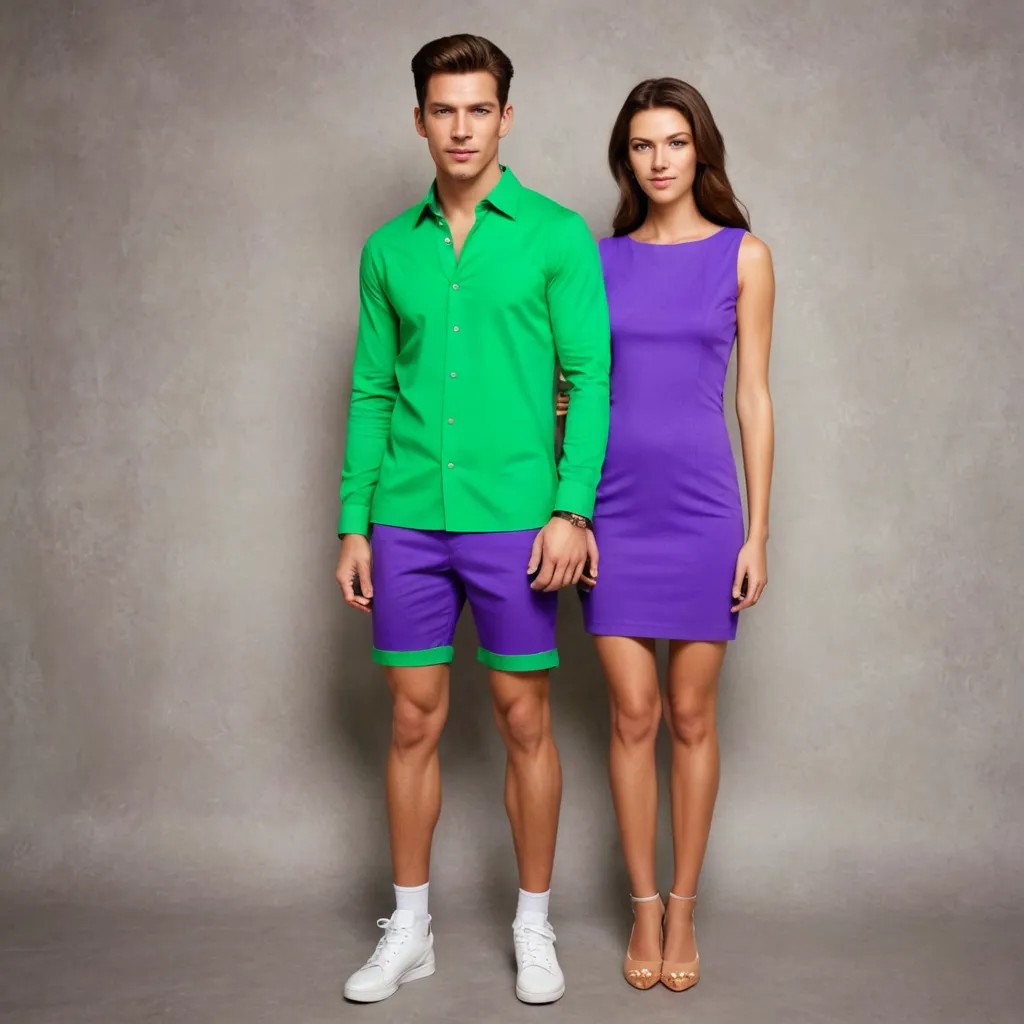 Change Clothes to Be Matching Minidresses in Purple and Green Photo Style
