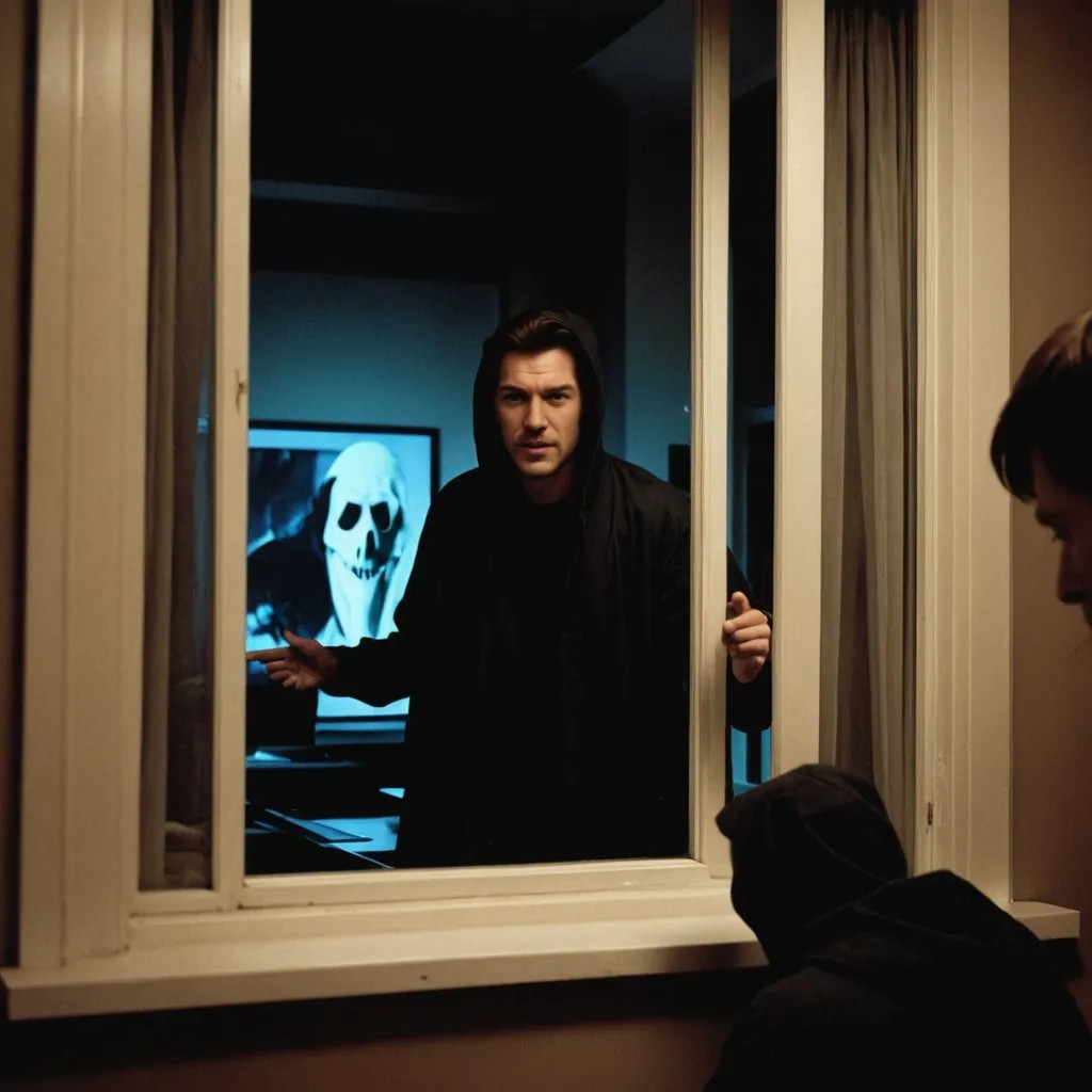 Ghostface from Scream Looking in Window at Man Watching TV Photo Style
