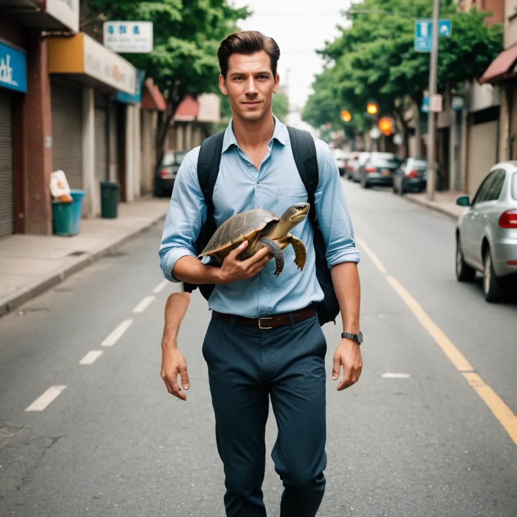 Man Carrying a Turtle Off the Street Photo Style