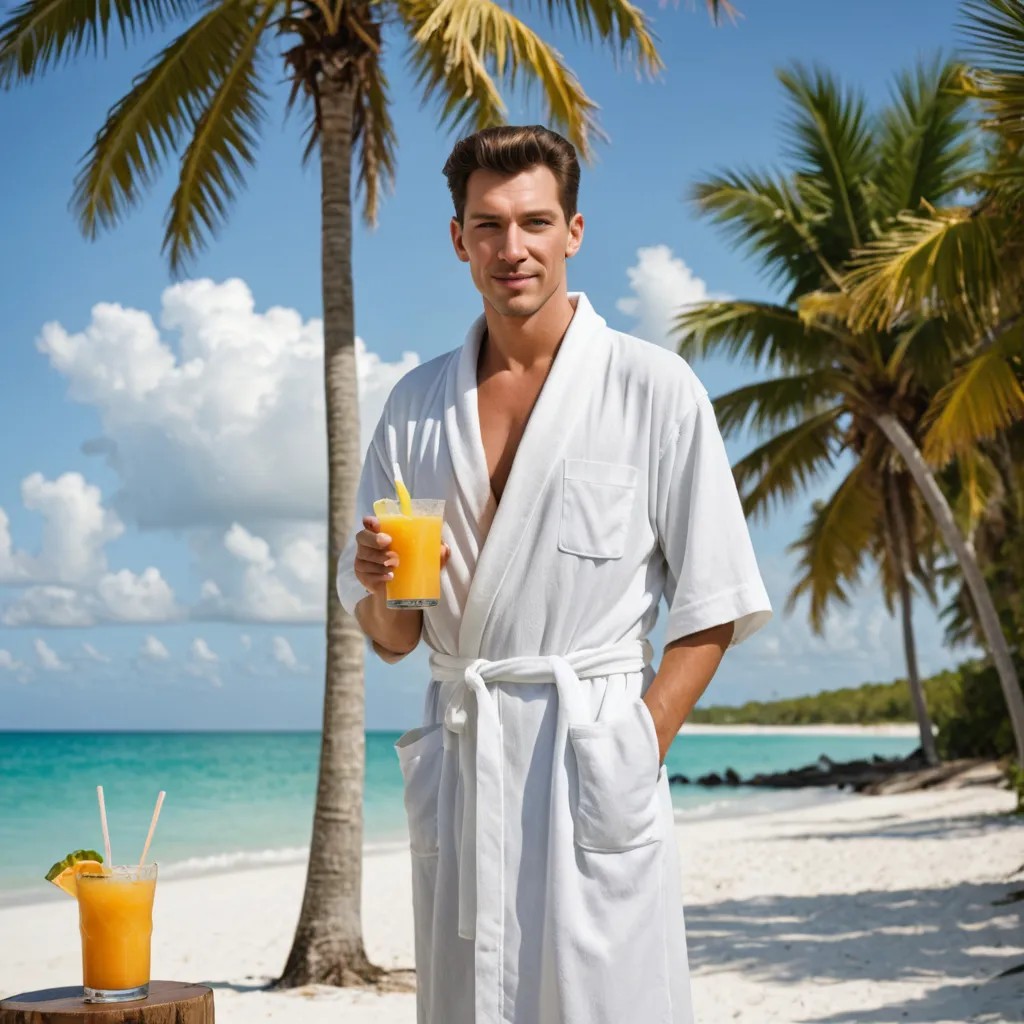 Converted Man Having Tropical Drink in Florida with Old Man in Robe Behind Him image