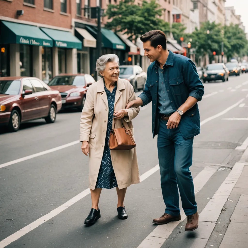 Man Helping Old Woman Across Street Photo Style