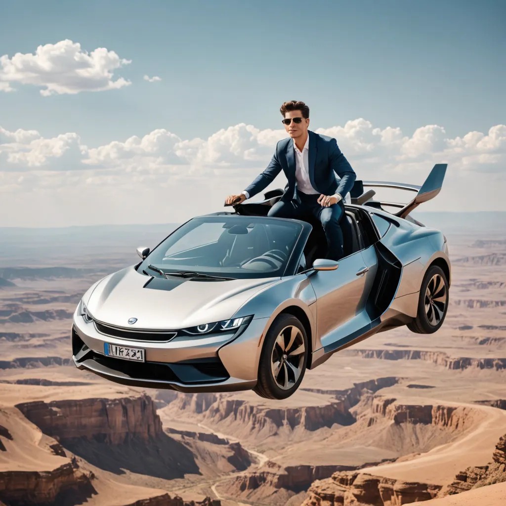 Man in Flying Car Photo Style
