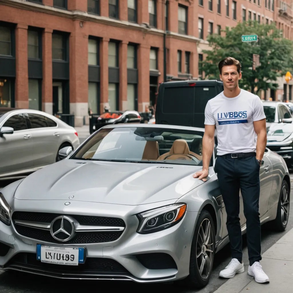 Man Standing Next to Mercedes Benz with NY License Plate That Reads LIVEBOSS Photo Style