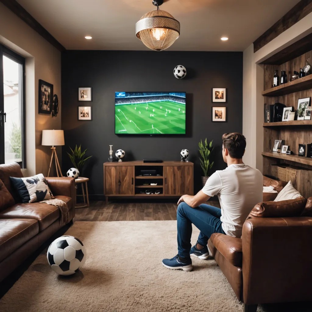 Man Watching Soccer in Man Cave Photo Style