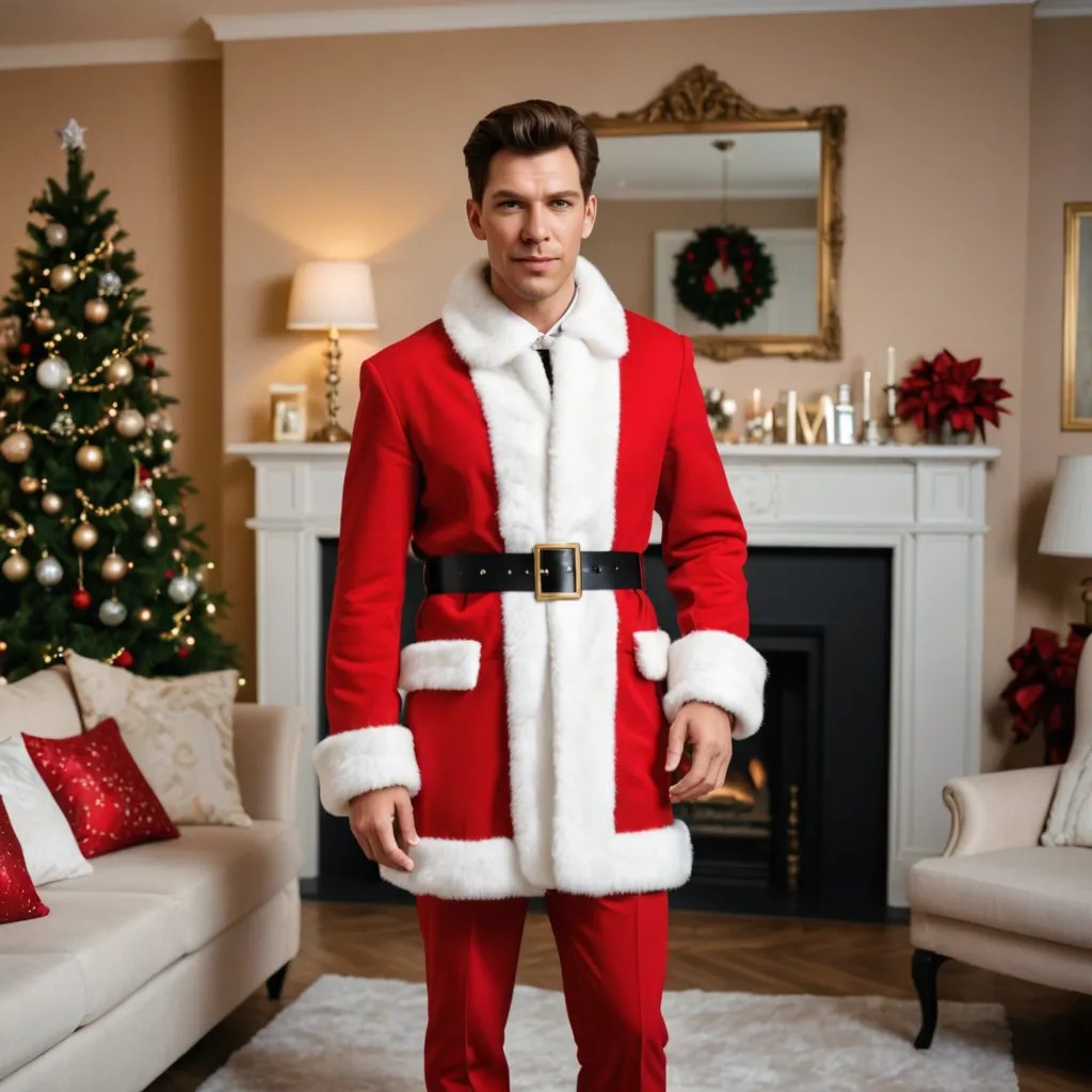 Standing in a Living Room. Wearing a Christmas Dress, Made of Red Felt, and Trimmed in White Fur. Photo Style