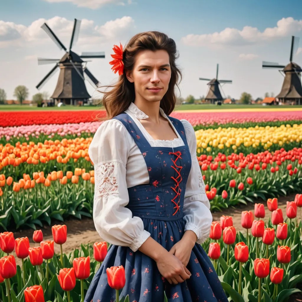 A Girl in a Dutch Folk Costume, in Front of a Field of Tulips and a Windmill Photo Style