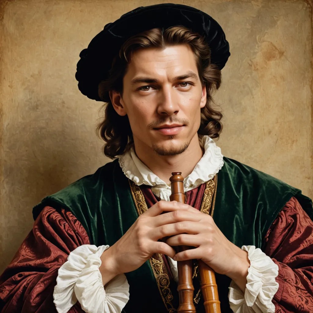 Starting with a photo of a face, generate an image of a Renaissance musician playing a recorder Photo Style