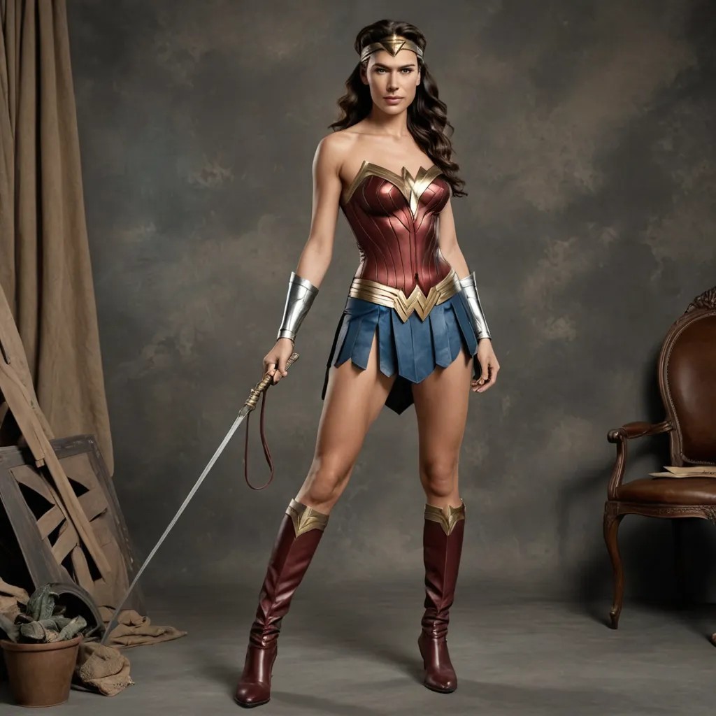 Wonder Woman, with triangular headband, a whip of truth at her side and long leather boots Photo Style