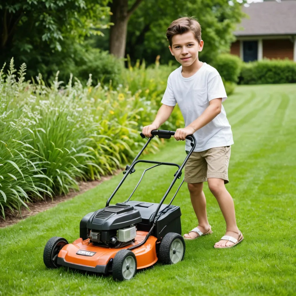 Child in Shorts Pushing a Lawn Mower Photo Style