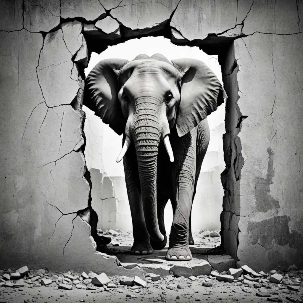 Converted Elephant Coming Out of a Cracked Wall Illustration in Black and White image