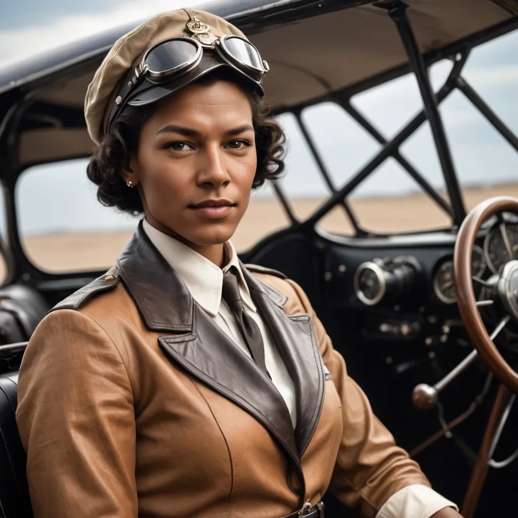 Photo Realism/African Female in 1920s Pilot Attire/She is Looking to the Left Photo Style