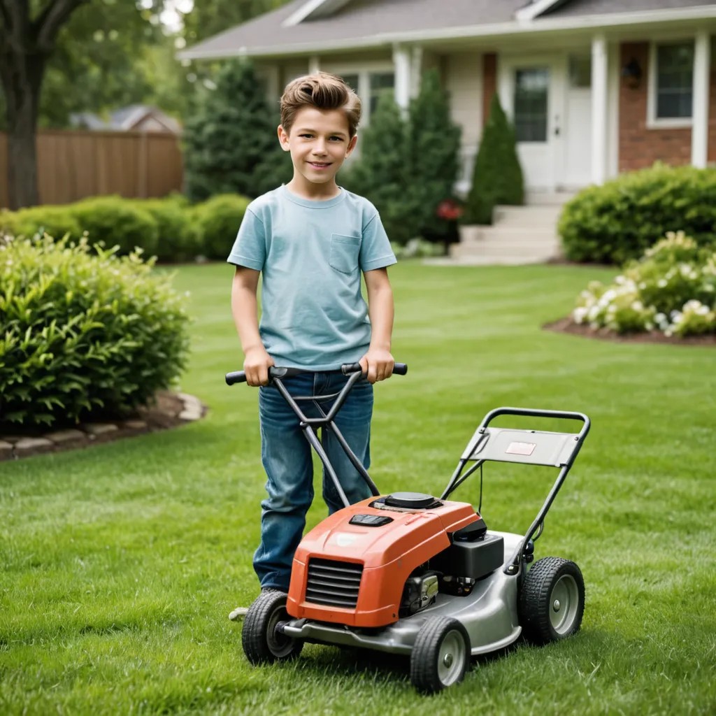 Realistic Color, Little Boy, Pushing a Lawn Mower Photo Style