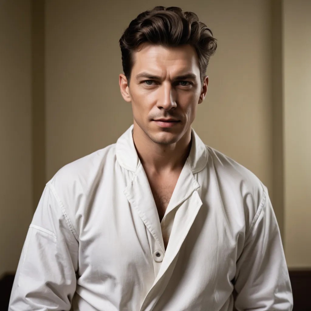 Stand Up Crazy Man in Asylum Wearing a Harry Houdini White Straitjacket Photo Style