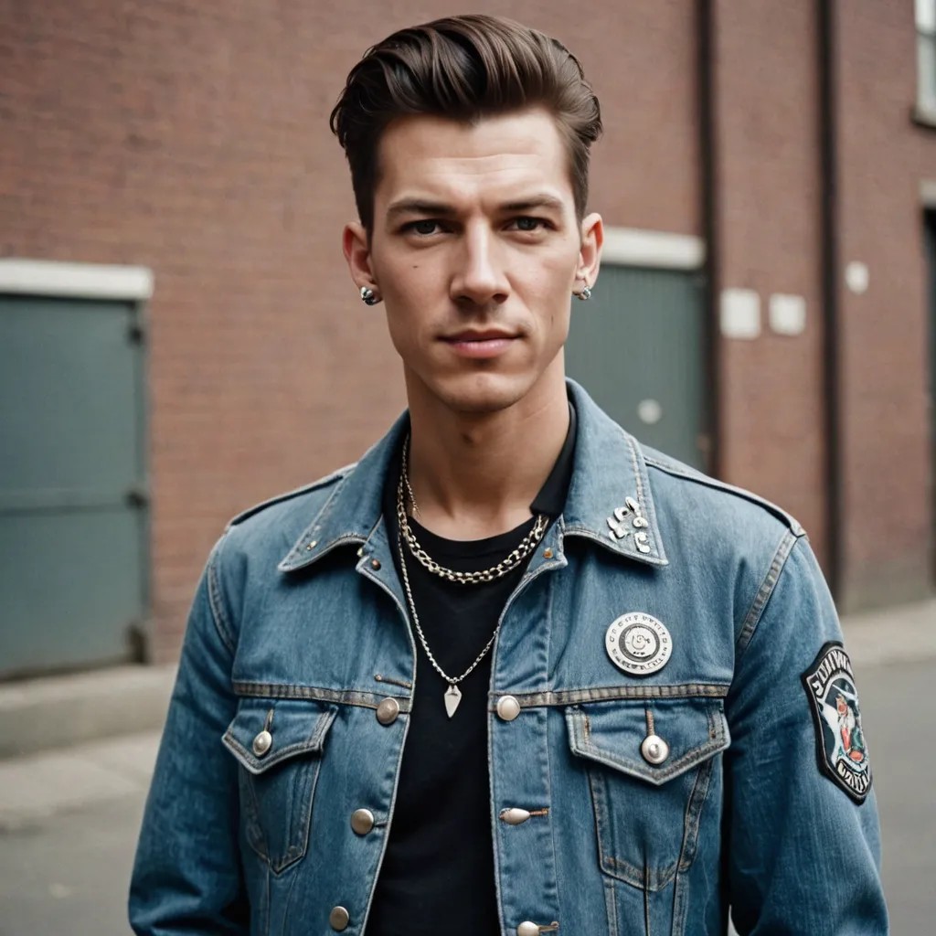70s Punk Outfit, with Jeans Jacket, Skinhead and Leather Pin-Studded Necklace and Safety Pins Photo Style