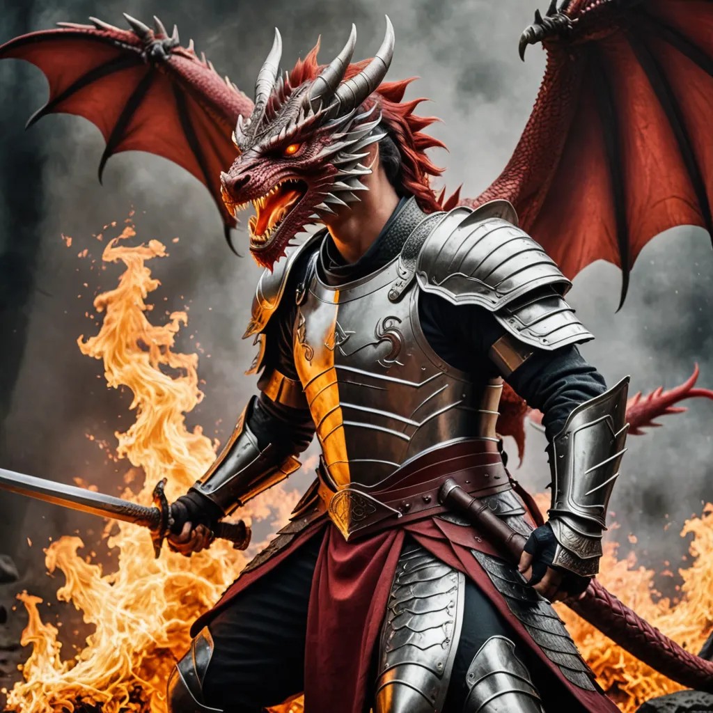 A Magnificent Warrior Fighting a Red Fire Dragon in Full Armour Photo Style