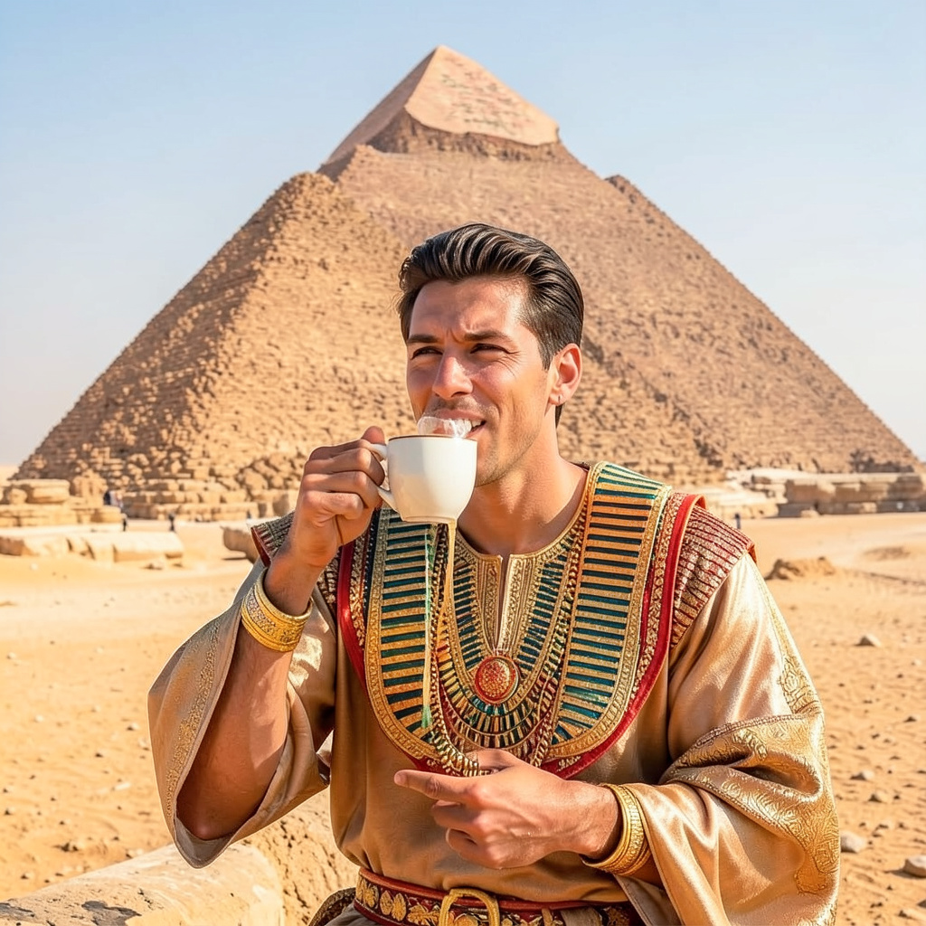 A Man in Pharaoh’s Clothes Drinks Coffee on the Background of the Pyramids Photo Style