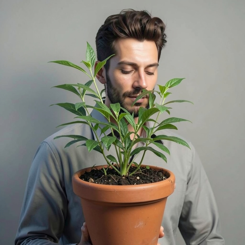 A Person Living Like a Plant in a Flower Pot, Body Flowerpot, Neck Plant, Head Human Photo Style