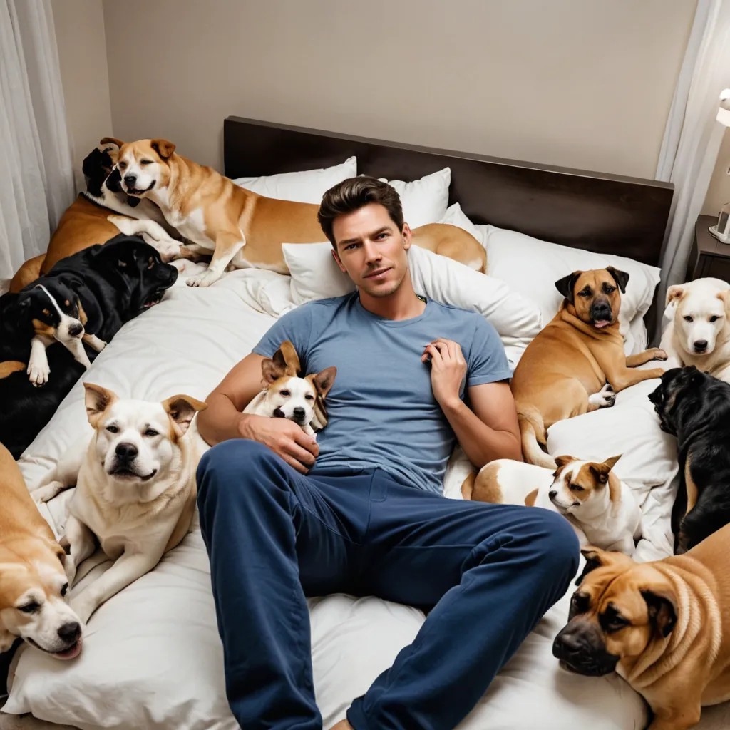 A Person Ready to Sleep Is Surrounded by Many Sleepy Dogs Photo Style