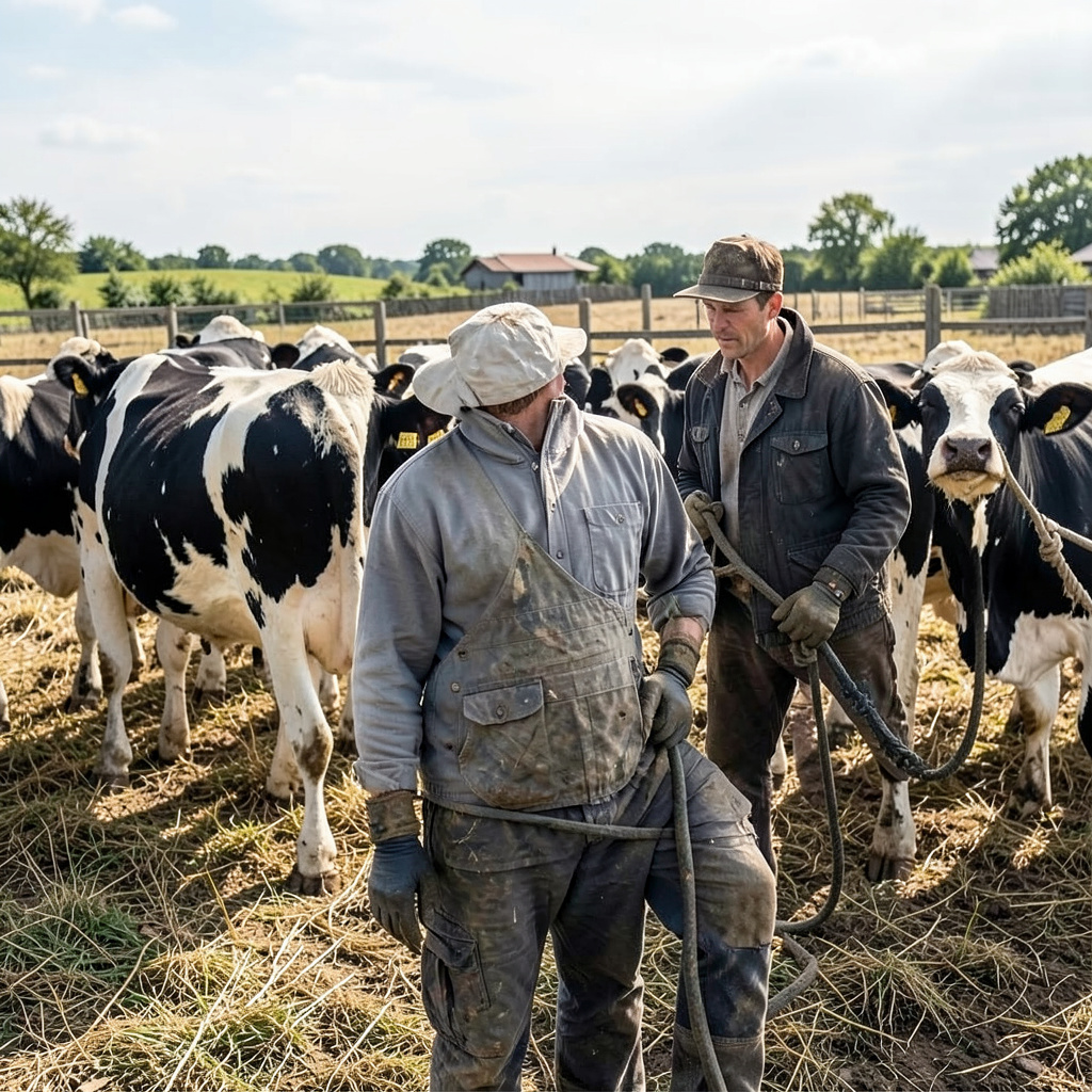 A stable with black and white cows and a farmhand Photo Style