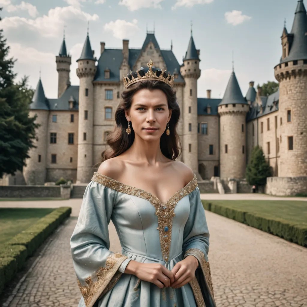 Ancient Queen in Front of Her Castle, with Her Royal Crown, Posing for a Foreign Painter Photo Style