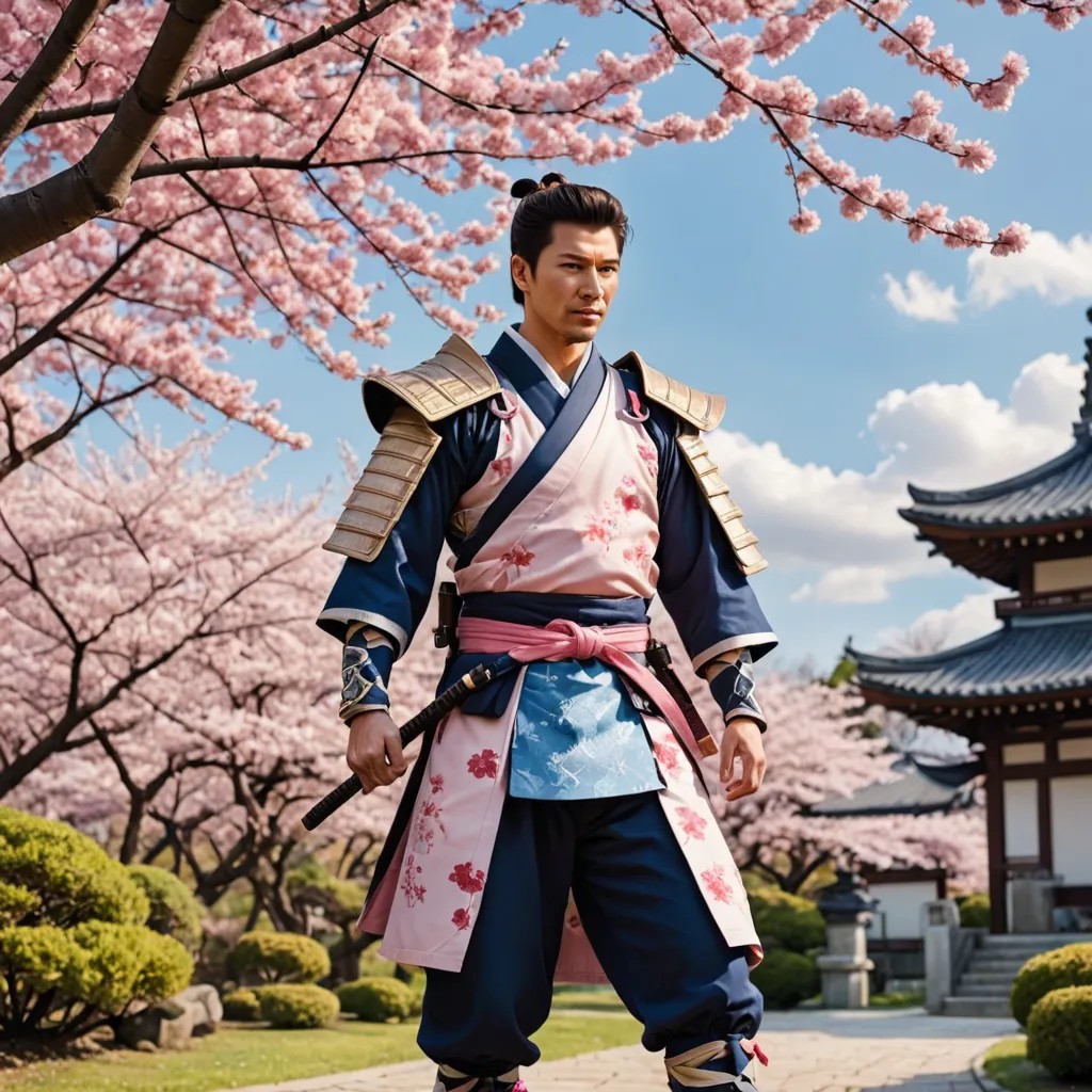 Anime of a Japanese Warrior in a Japanese Garden with Cherry Blossom Trees and a Blue and Pink Sky Photo Style