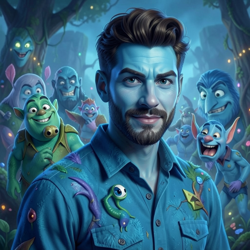 Blue as the Blue Men Group, as the Smurfs or Avatar Photo Style