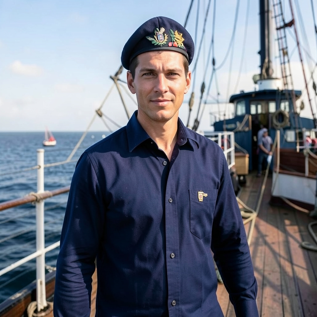 Navy Merchant Stand on Ship Photo Style