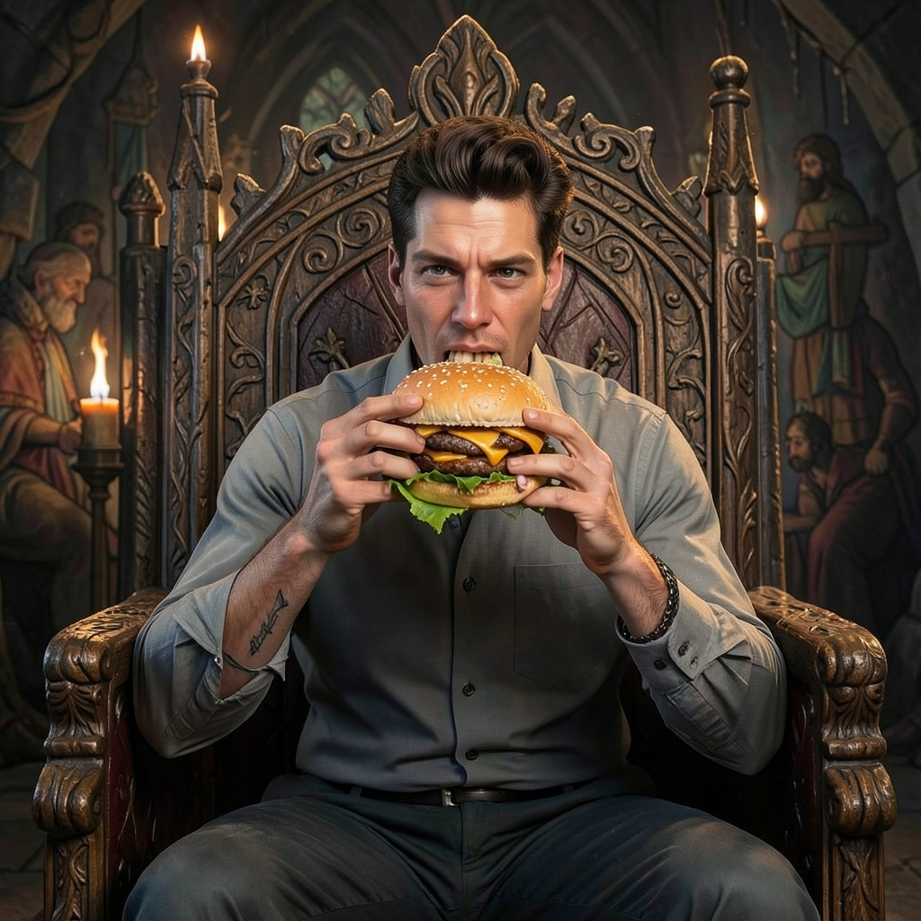 The Orc Sitting on the Throne and Eating the Hamburger Photo Style