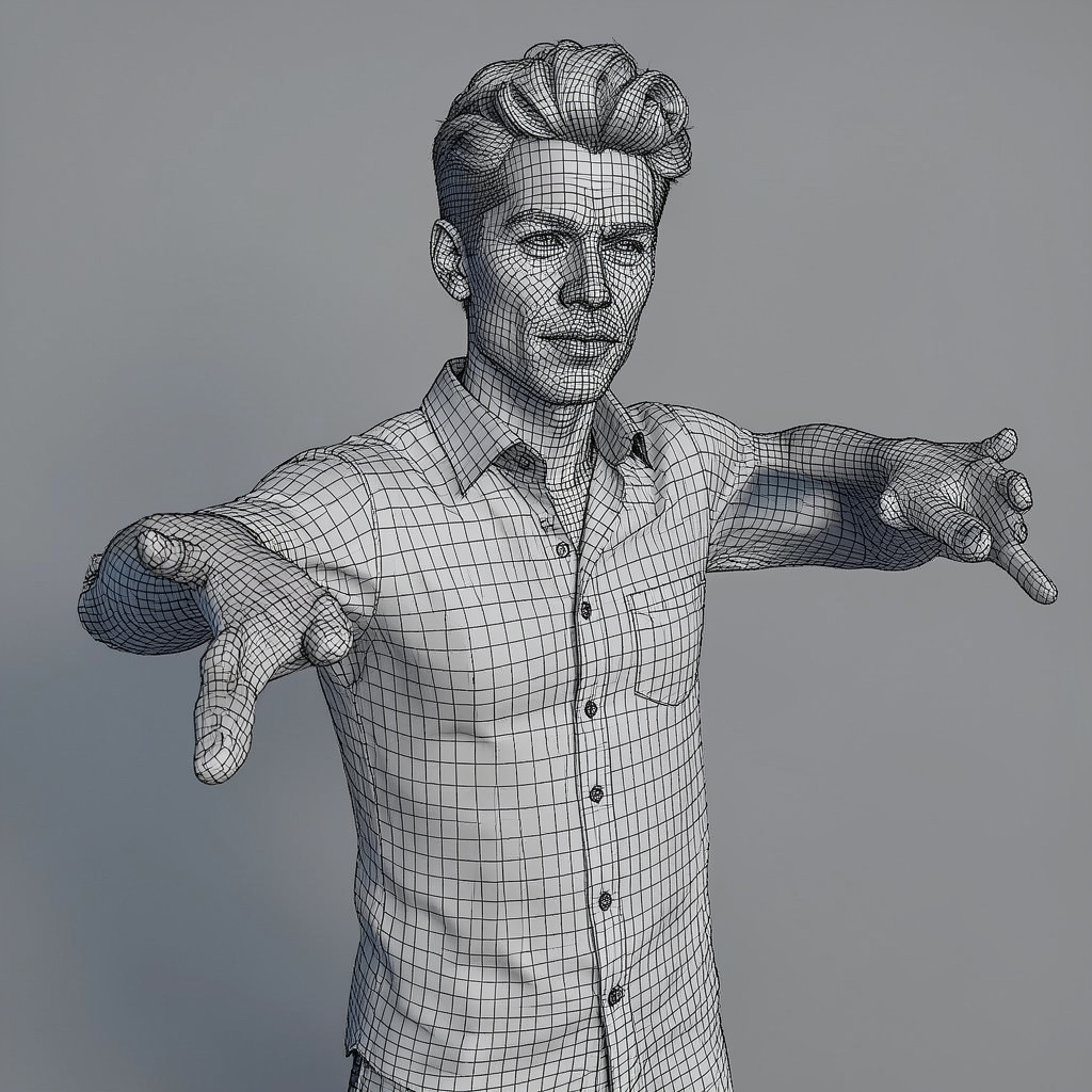 3D T-Pose Reference View with Wireframe Photo Style