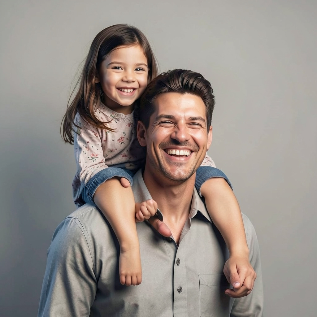 A Happy Father with a Young Girl Riding on His Shoulder Photo Style