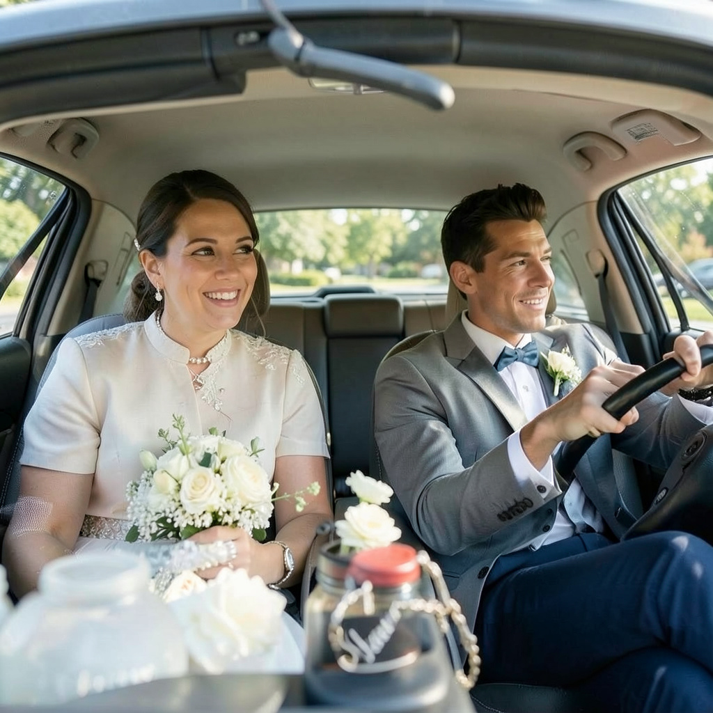 A Married Couple Driving in a ‘Just Married’ Car Photo Style