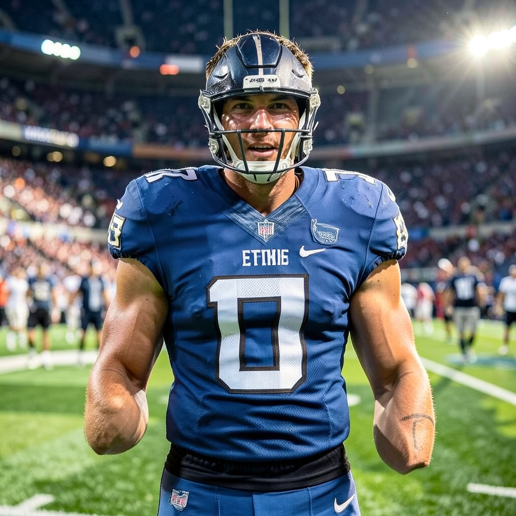 Action Photo of a Professional American Football Player in a Stadium Photo Style