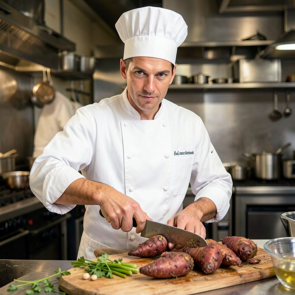 Chef in Cooking White Jacket and Hat, Looking at Camera Cutting a New Zealand Red Yam Photo Style